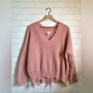 $3/20 Main Strip Dusty Pink Feminine Grunge Frayed V-Neck Oversized Sweater XL
